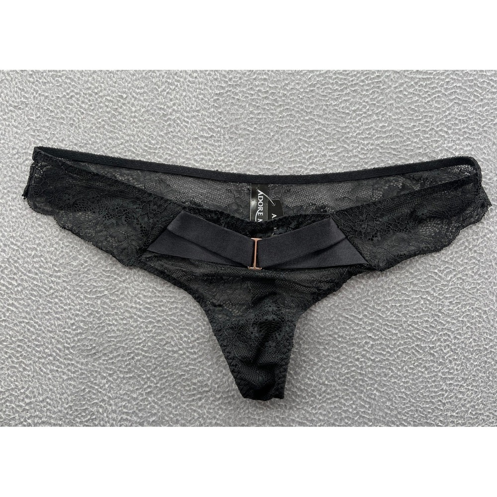 Adore Me Thong Women's XL Black Floral Lace Bow Detail Rose Gold Hardware NWT
